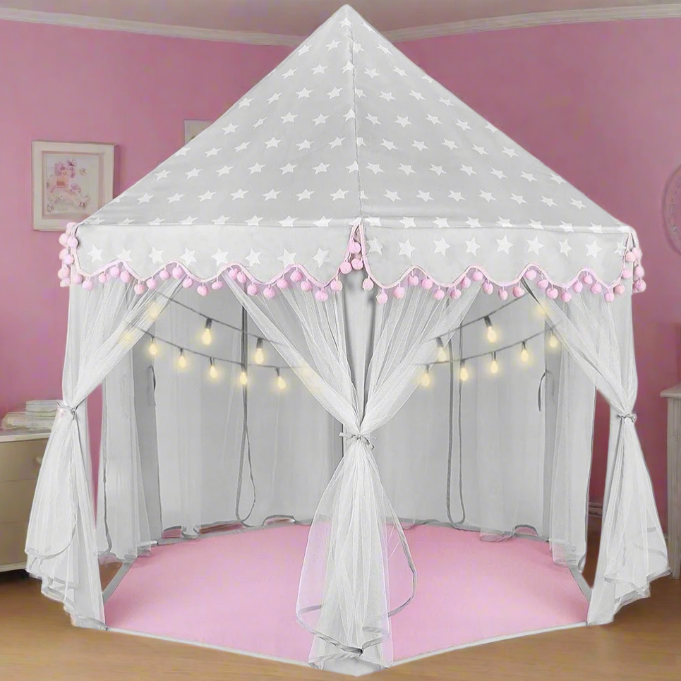 Cort de joaca pentru copii, Zola®, cu perdele, gri cu alb, inaltime totala 140 cm Cort de joaca pentru copii, Zola®, cu perdele, gri cu alb, inaltime totala 140 cm